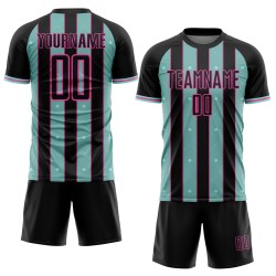 Ice Pinstripe Soccer Jersey Black Sports Sublimation Uniform Line Blue-Pink Custom Ice Pinstripe Soccer Jersey Black Sports Sublimation Uniform Line Blue-Pink Custom