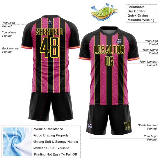 Yellow Sports Soccer Sublimation Custom Line Black Jersey Pink-Light Pinstripe Uniform