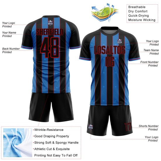 Black Pinstripe Powder Soccer Sports Sublimation Uniform Blue-Red Line Jersey Custom