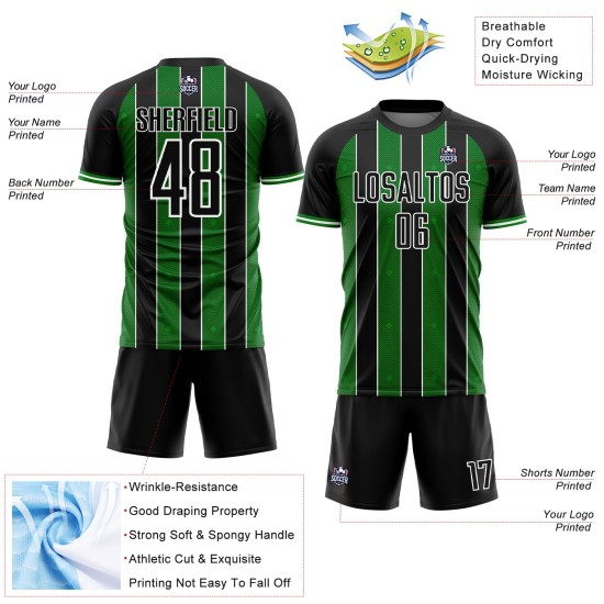 Soccer Pinstripe Line Jersey Sports Green-White Grass Custom Sublimation Black Uniform Soccer Pinstripe Line Jersey Sports Green-White Grass Custom Sublimation Black Uniform