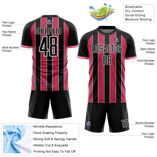 Jersey Neon Sublimation Custom Sports Pinstripe Line Soccer Uniform Black Pink-White