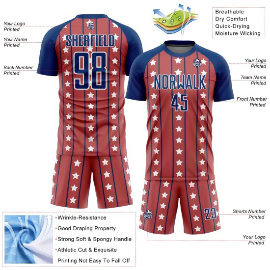 And Royal-White Uniform Sublimation Red Soccer Stripes Custom Stars Jersey