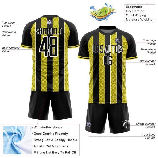 Custom Yellow-White Line Uniform Sublimation Light Black Pinstripe Sports Jersey Soccer