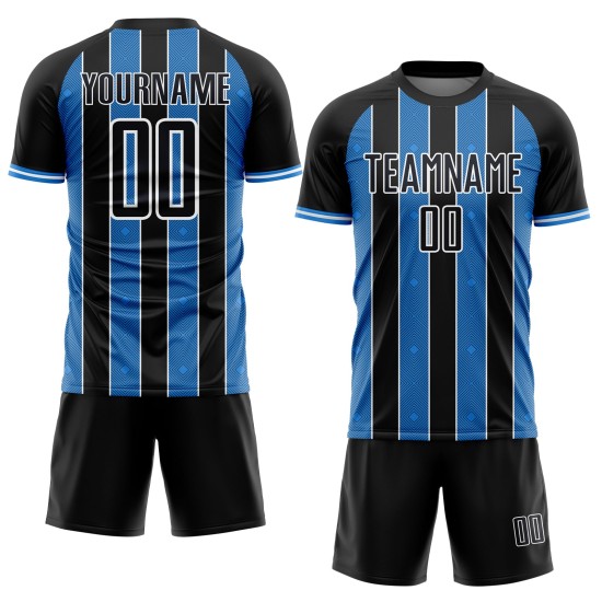 Black Uniform Custom Pinstripe Soccer Line Sports Powder Sublimation Blue-White Jersey