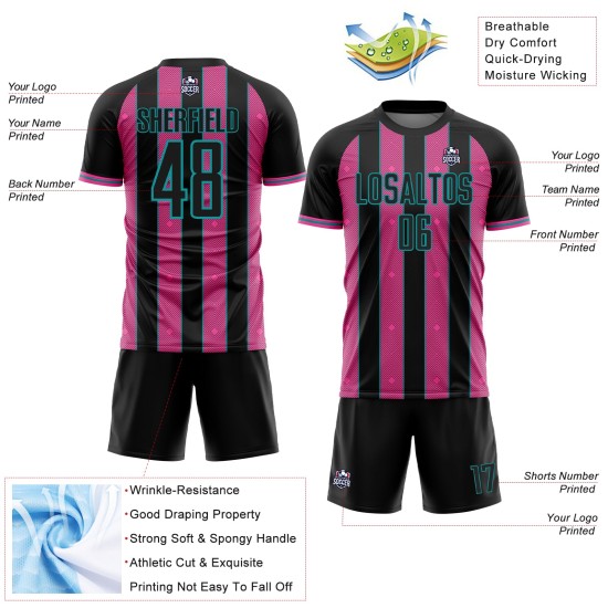 Custom Pink-Teal Uniform Sports Pinstripe Soccer Sublimation Line Black Jersey