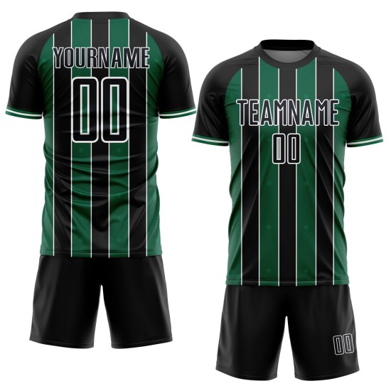Custom Kelly Sublimation Black Jersey Green-White Line Sports Uniform Soccer Pinstripe