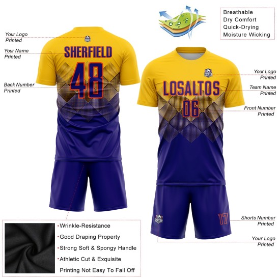 Purple-Orange Custom Sublimation Dark Gold Soccer Uniform Jersey