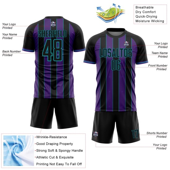 Sports Uniform Jersey Black Custom Soccer Pinstripe Line Sublimation Purple-Teal