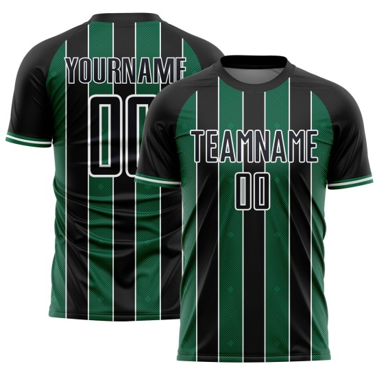 Custom Kelly Sublimation Black Jersey Green-White Line Sports Uniform Soccer Pinstripe
