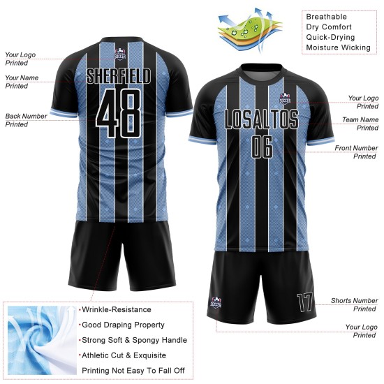 Uniform Custom Soccer Jersey Line Black Pinstripe Sports Light Sublimation Blue-White