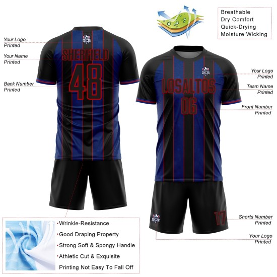 Black Soccer Line Uniform Custom Sublimation Jersey Pinstripe Sports Royal-Red