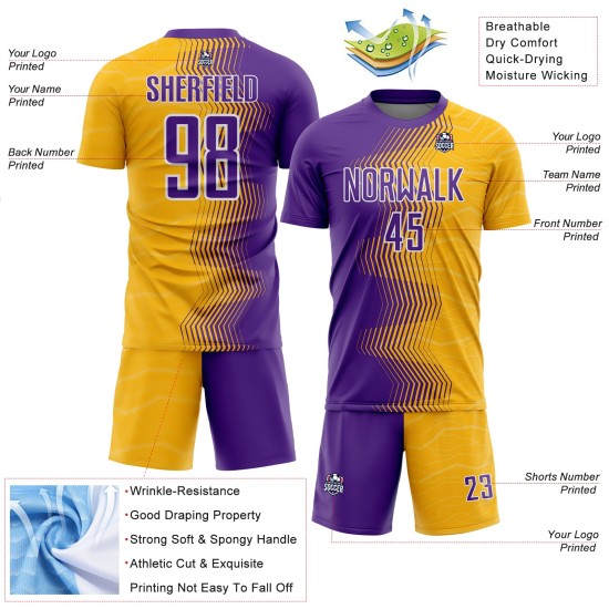 Custom Soccer Jersey Uniform Purple-White Gold Arrow Gradient Sublimation