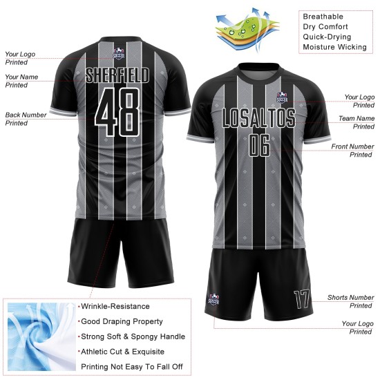 Custom Line Sports Black Pinstripe Gray-White Soccer Uniform Jersey Sublimation