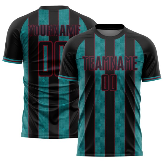 Black Custom Jersey Teal-Crimson Sports Uniform Sublimation Line Soccer Pinstripe