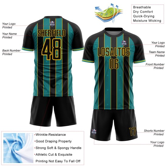 Teal-Yellow Uniform Soccer Line Custom Sports Jersey Sublimation Pinstripe Black